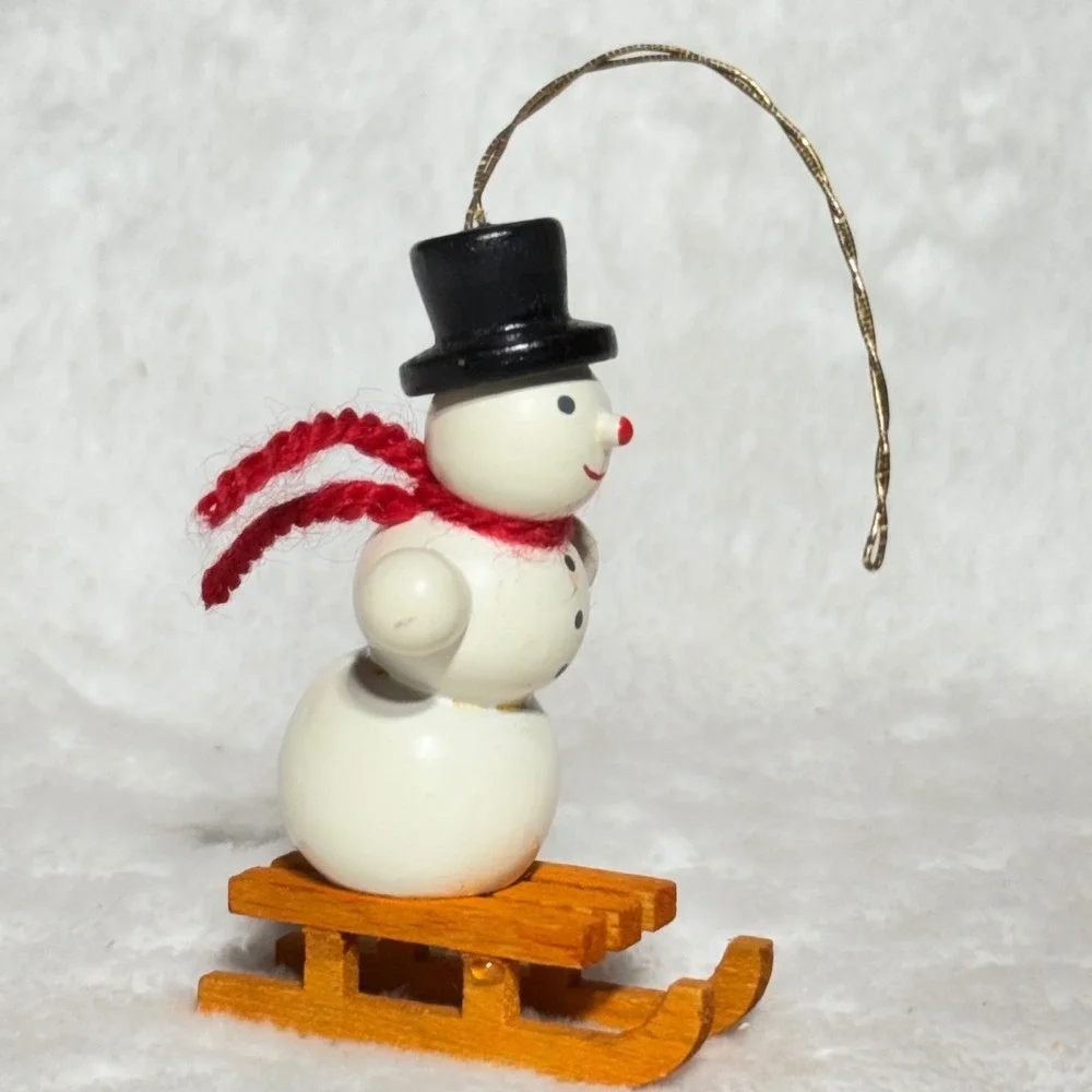 Vintage Wooden Snowman on Sled Christmas Ornament Small Hand Painted